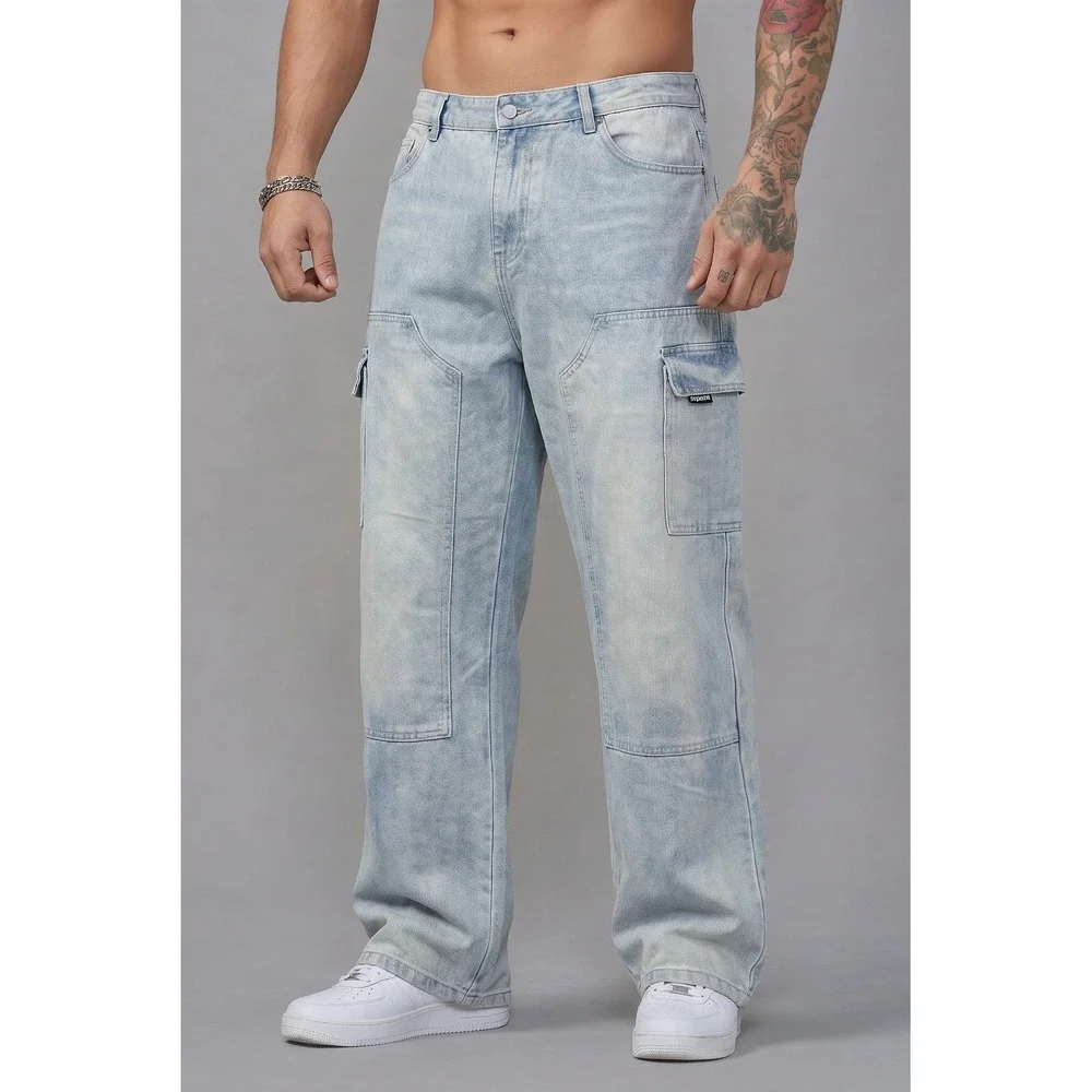 Ecko Unltd Mens Baggy Fit Cargo Jeans Wide Leg Double Knee Denim Size 34 - 40x32